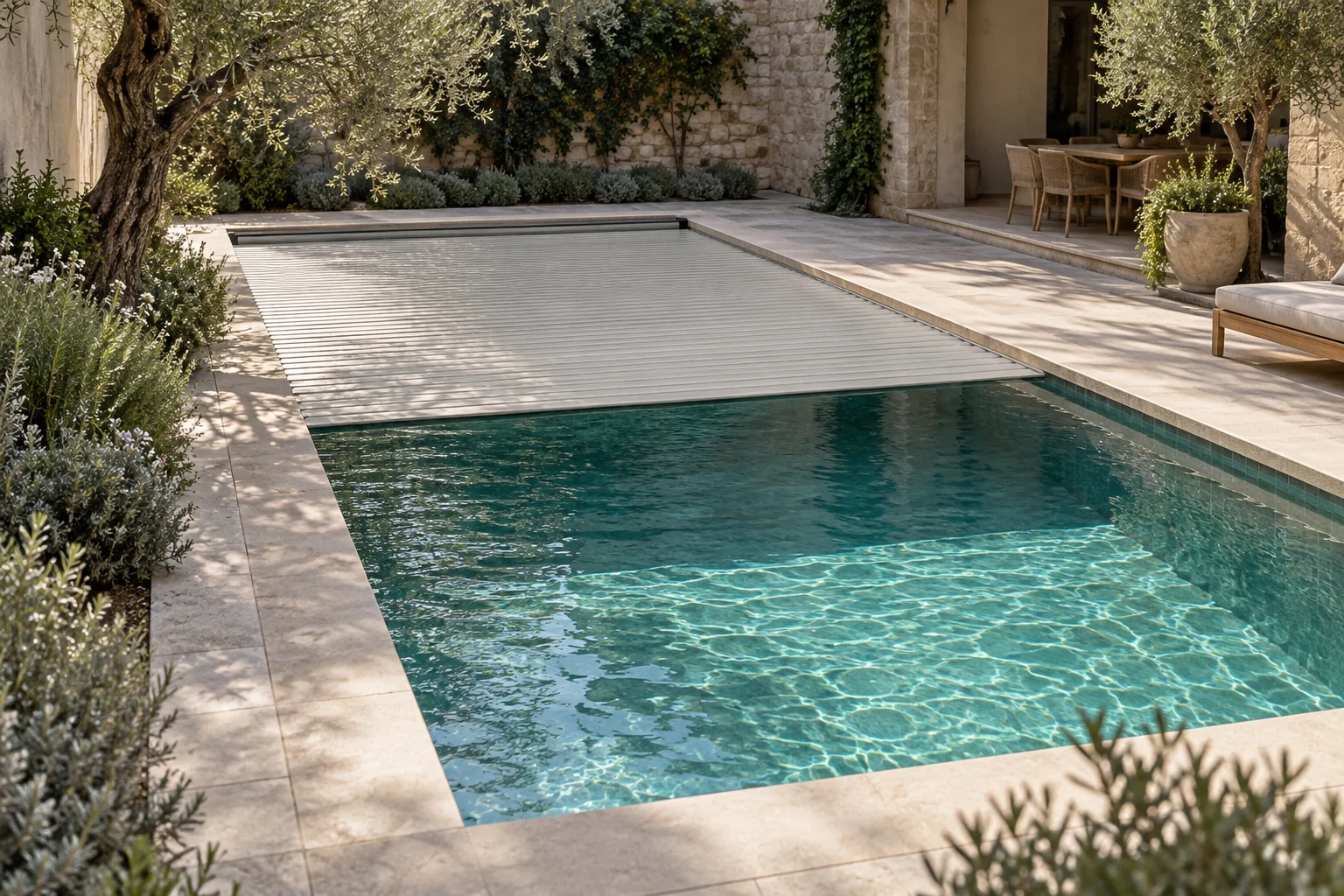 Courtyard swimming pool partly covered by a fitted slatted cover.
