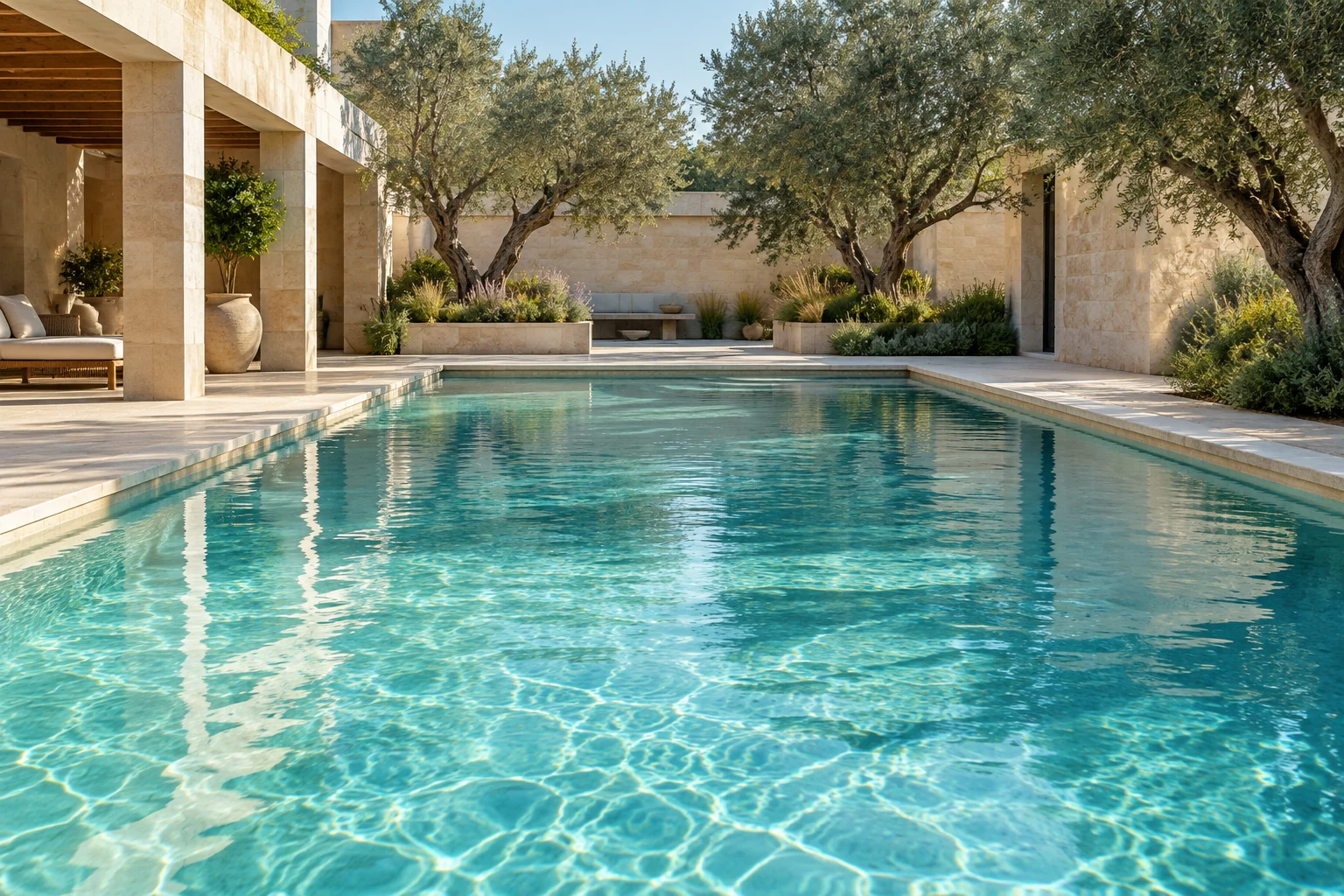 Rectangular turquoise swimming pool beside pale stone architecture and mature planting.
